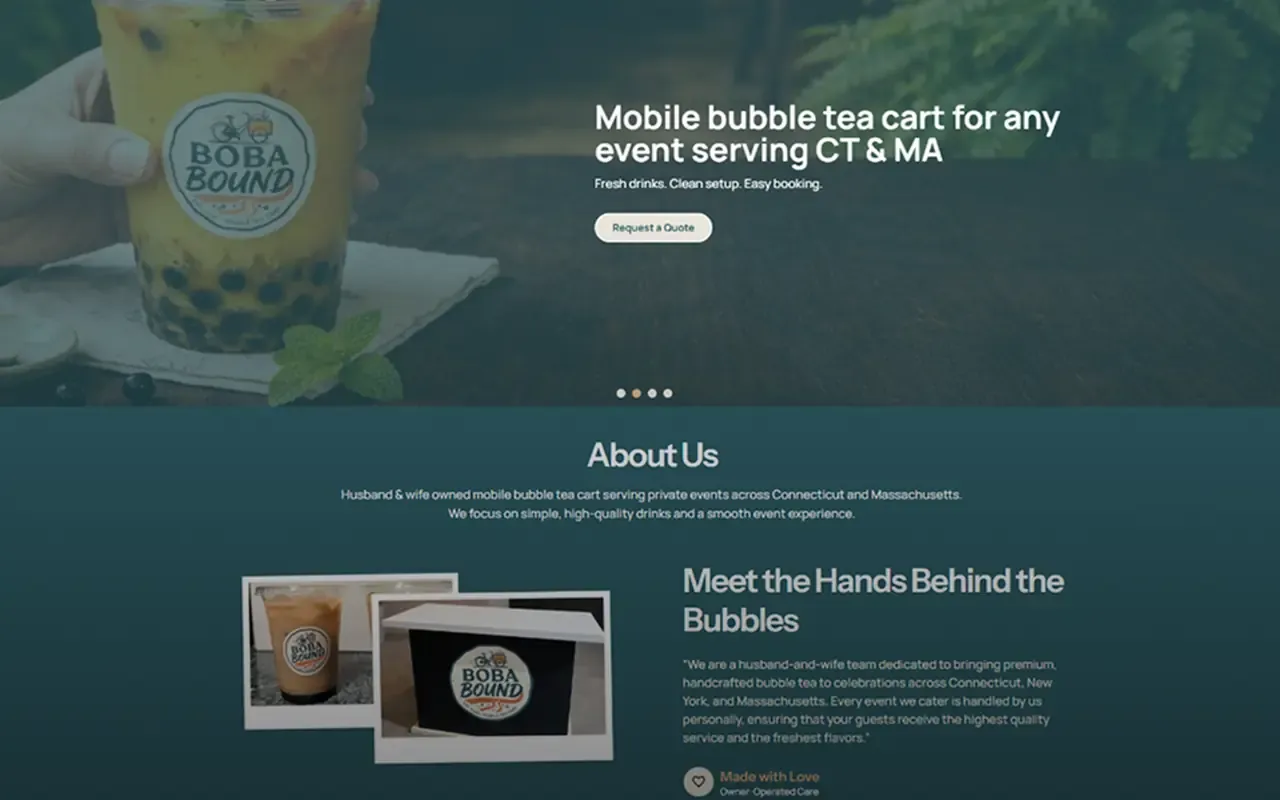 The Boba Bound website home page showing the mobile bubble tea cart