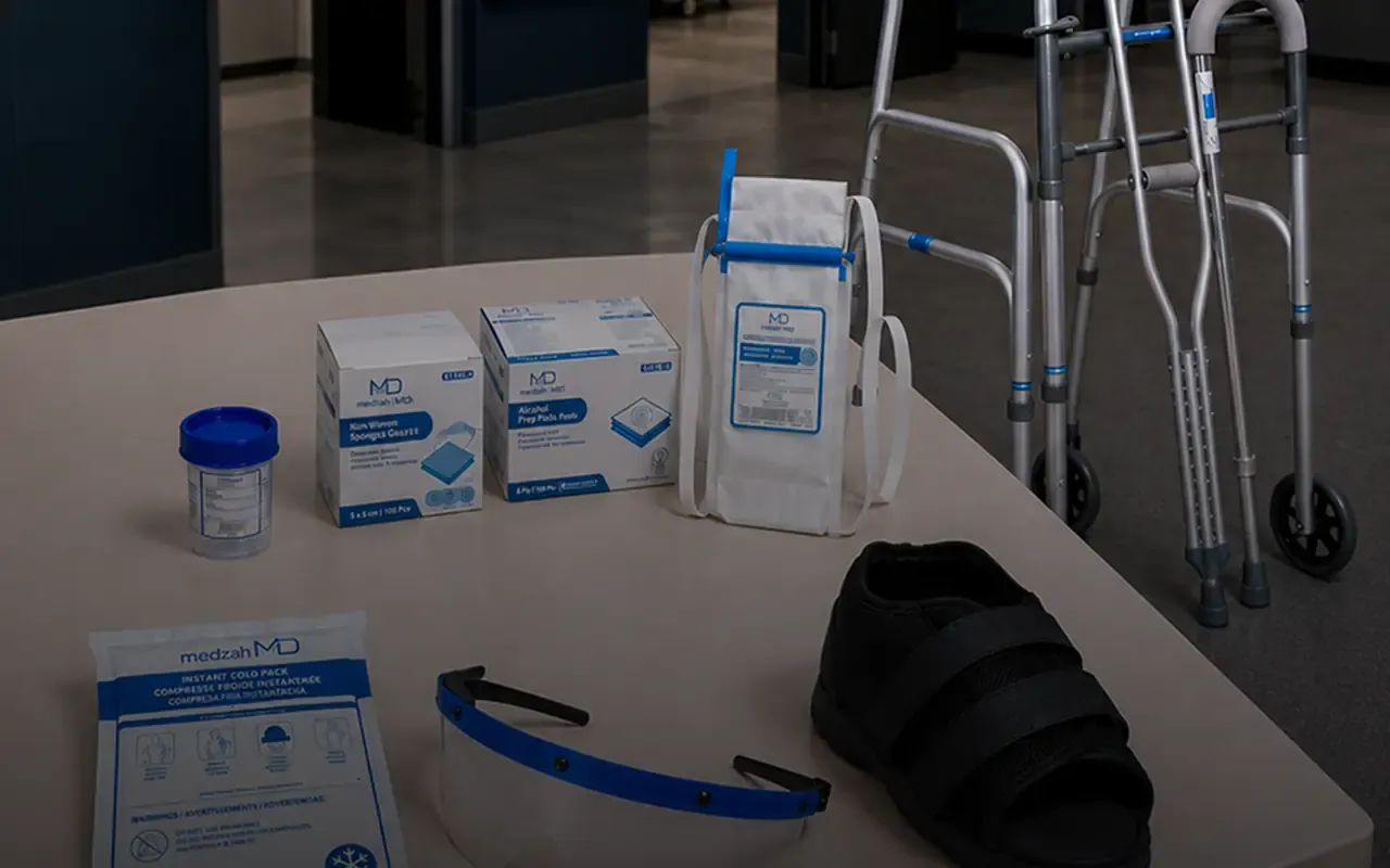 Medzah OEM packaging and mobility products staged together on a table