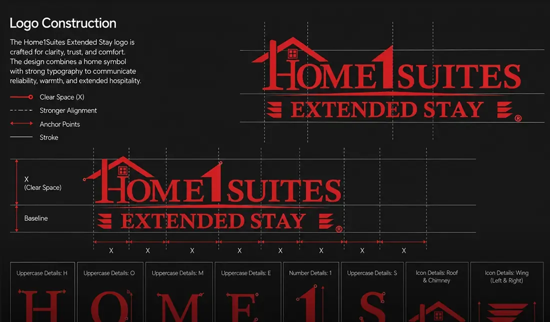 The Home 1 Suites Extended Stay logo construction sheet with the house symbol and wordmark on a grid