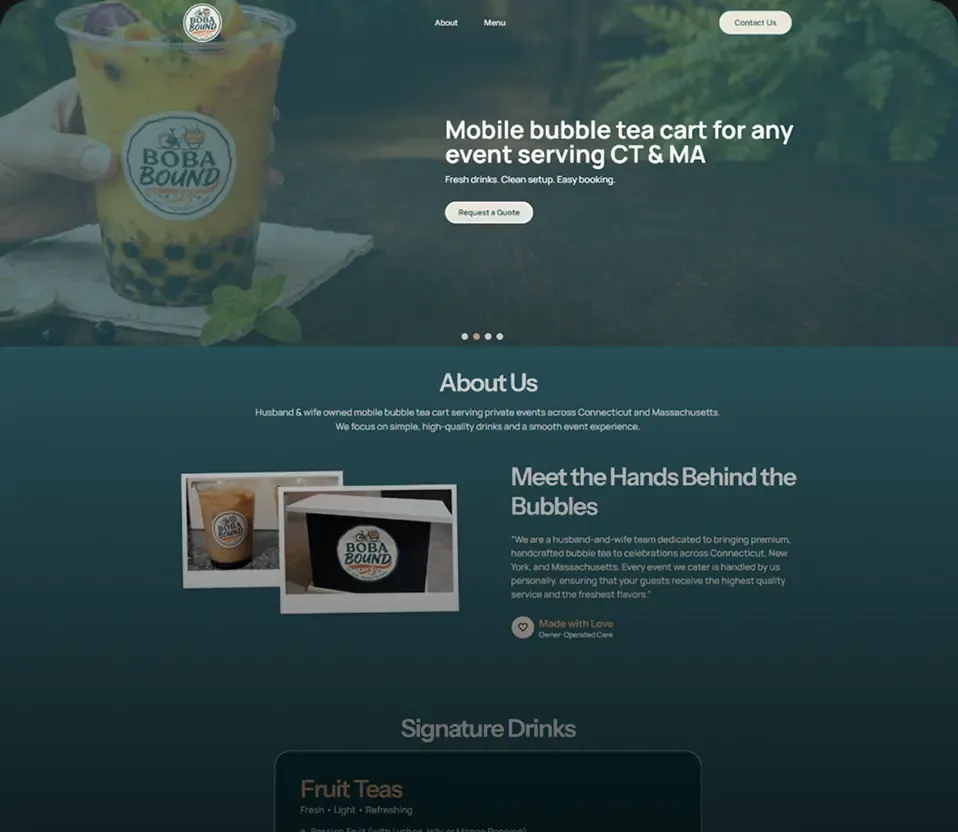 The Boba Bound website home page with the mobile bubble tea cart and signature drinks