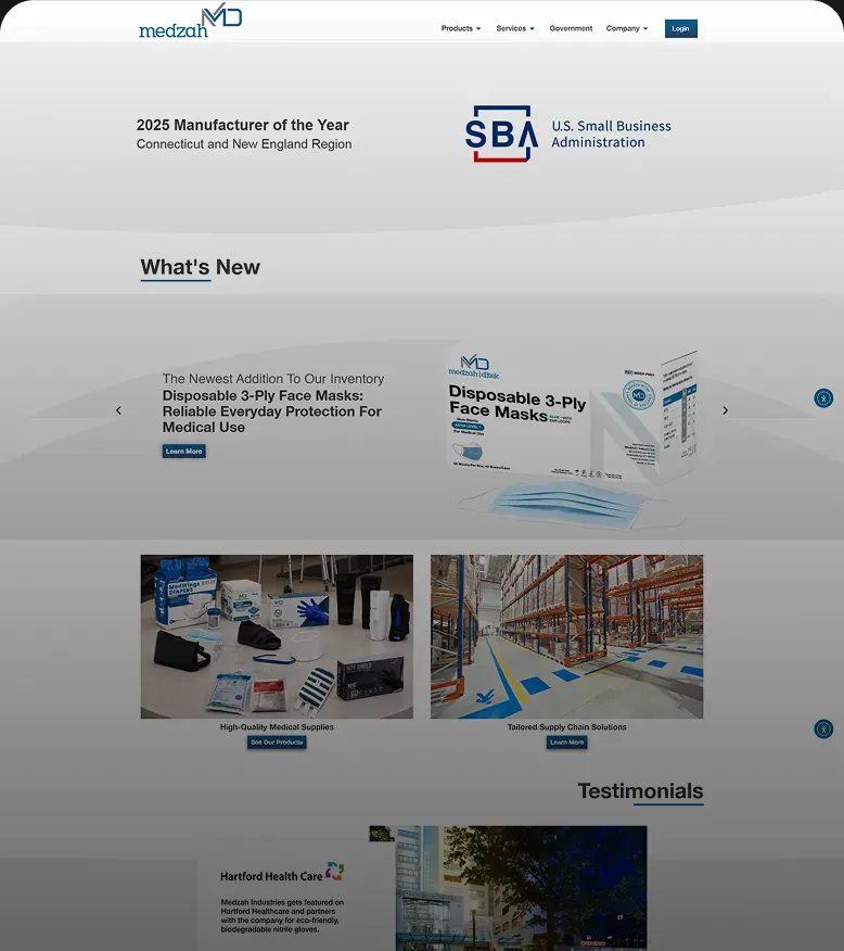 The redesigned Medzah Industries home page shown full length